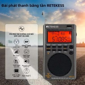 Máy Thu Sóng Vô Tuyến Toàn Dải RETEKESS TR110 AM FM CB AIR NOAA SW MW LSB VHF UHF Di Động Ngoài Trời Có Pin Sạc