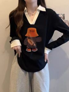 plus Size Womens Long Sleeve Polo Neck T-Shirt French Style Slimming V-Design Cover Belly Meat Concealing Top Spring Fashion