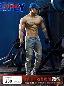 Bluesfly Mens Fitness Sporty Jeans Summer Elastic Hole Punch Casual Slim Long Pants Breathable Wear Resistant Brand Logo