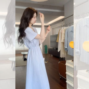 Elegant French Blue Short Sleeve Womens Dress Waist Cinched mid Length Skirt Unique Beautiful Summer New Style Commute Lady