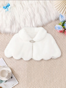 Miniso | Girls White Faux Fur Cape for 4-8Y Kids Wedding Flower Girl Shrug with Rhinestone Clasp Winter Party Dress Cover Up