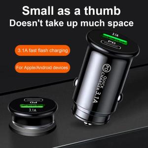 A+C Mini Car Charger 3.1A Adapter USB Type C Car Charger Adapter Portable Double-port Small Car Phone Fast Charging Plug