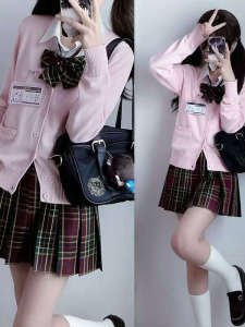 Spring Autumn Uniform Jk Set Cardigan Sweater Womens Japanese College Style V-neck Long Sleeve Knitted Red Christmas Skirt