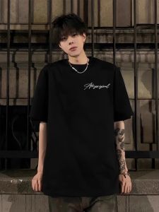 Retro American Hong Kong Style Mens T-shirt Pure Cotton Short Sleeve Loose Fit Summer Versatile Half Sleeve Breathable Casual Tee