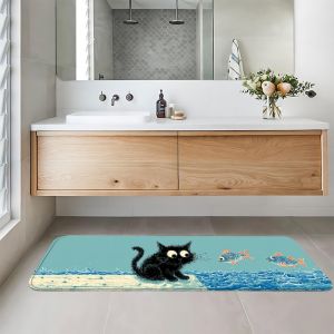VIKAMA Cartoon Black Cat Fish Carpet Anti slip Washable Soft Absorbent Floor Mat Cute Entrance Carpet Home Decoration
