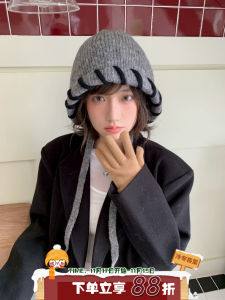 Warm Knitted Winter Hat Womens Face Slimming Tied Head Cap Large Circumference Anti-Cold Woolen Cap Casual Style round Top