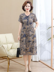 Fashionable Silk Cotton Midi Dress for Women Short Sleeve Vintage Button up Skirt V Neck Floral Print Light Weight Summer Dress