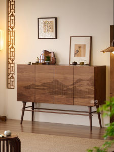 North American Black Walnut Dining Room Sideboard Songshi Aesthetic Full Solid Wood Mountain Water Landscape Entrance Cabinet Living Room Wall Mounted Storage Cabinet
