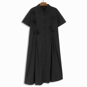 ชุดเดรสยาวแขนสั้นทรงเอสไตล์ย้อนยุคฤดูร้อนปี 2024 ทรงหลวม ผูกเชือกสีเข้ม กระโปรงทรงเอเอวสูง