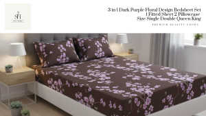 SevHome 3 in 1 Dark Purple Floral Design Bedding Set Bedsheet Garterized Bed Sheet 1 Fitted Sheet cover 2 Pillow Case Size Single Double Queen King