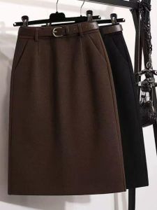 Caramel Woolen Mini Skirt Womens A-Line Midi Skirt Slimming Flared Hem High Waist Autumn Winter plus Size Fashion Commute Style