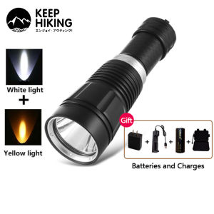 Diving Flashlight L2 1200LM LED Diving Flashlight Yellow/White Flashlight Outdoor Waterproof Flashlight 200m for Camping Hiking Flashlight Underwater Diving Fishing Camping Cycling