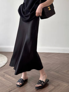 New French Design Summer Womens Half Skirt Black Acetate Satin Hugging Hip