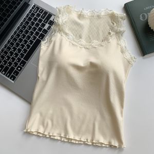 Casual Lace Splice Square Collar Strap Vest Women Summer Elastic Top with Chest Pad Gentle Wind Versatile Soft Color Solid