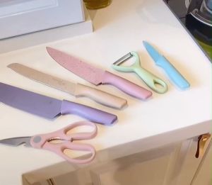 Kitchen Knife Set 6 PCS Pastel Colors Stainless Steel Chef Knife Bread Knife Cleaver Scissors