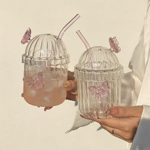 High Borosilicate Glass BOBO Straw Cup with Lid Butterfly Drinking Water Coffee Cup Heat Resistant Milk Coffee Cup Pink Fairy Style