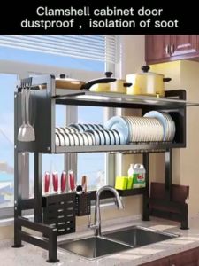 WAHA 【14 free accessories】3-Tier Multi size Kitchen sink dish rack with drainer dish cabinet organizer dish drying rack for plates with cover Plate Drying Storage Multi-functional Stainless Steel Dish rack organizer cabinet 碗碟架
