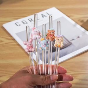 1/2/6PCS Animal Decor Curved Glass Straw Drink Accessory for Daily Party Back To School & Holiday Gift