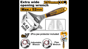 INGCO 2-in-1 Adjustable Wrench & Pipe Wrench 10" (0-52mm) Heavy Duty Wide Opening Plumbing Tool HADWG0810