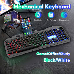 Metal Gaming Keyboard Mechanical Feel RGB Rainbow Hanging Backlit Keyboard Floating 104Key with Phone Holder