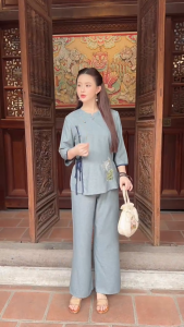 Đồ Lam Nữ Thêu Hoa Sen Chất Tơ Mộc Cao Cấp - Bộ Pháp Phục Đi Chùa Tay Lỡ Quần Suông Mềm Mát Size S-XL