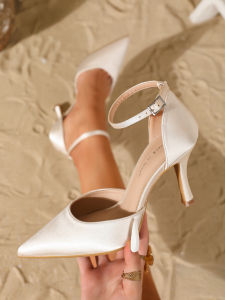 Womens fashionable and elegant satin pointed-toe high heels with a back ankle strap. Comfortable simple and versatile in