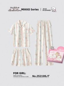 GONGDIE | Cute Cartoon Spring Summer Short Sleeve Long Pants Sleepwear Set 3pc