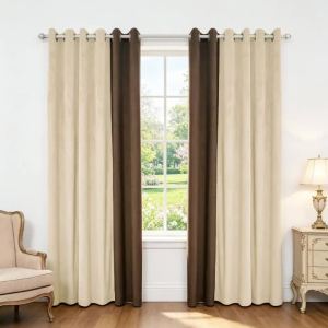 Cream & Coffee Brown Color Block Velvet Curtains 2‑Pack Grommet Blackout Drapes for Cozy Warm Living Room Bedroom Home Decor