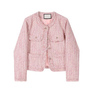 เสื้อแจ็คเก็ตสั้นทรงหลวมสไตล์ฝรั่งเศสสไตล์เกาหลีสำหรับผู้หญิงไซส์ใหญ่ ทรงเข้ารูป แขนยาว ปกกลม คอลเลกชันฤดูใบไม้ร่วง 2025