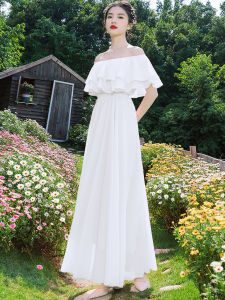 Retro Style Flared Skirt Dress Shoulder Bared Chiffon Long Evening Gown Slimming One Shoulder Big Pleat A-Line Midi Dress