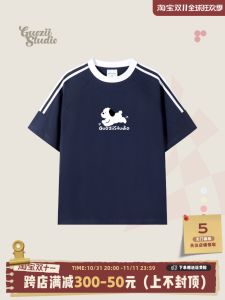 Guozii Jumping Puppy American Retro Navy Blue White Loose-Fitting Pure Cotton Short Sleeves T-Shirt Female Design Blouse