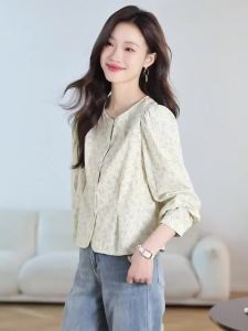 AMMIN Korean Style Simple round Neck Vintage Floral Shirt Womens Long Sleeve 2024 Autumn Pastoral Style Fresh Temperament Single Breasted Cotton Elegant Blouse
