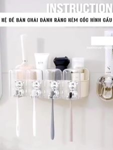 Kệ để bàn chải đánh răng hình gấu có kèm 4 cốc và bộ nhả kem