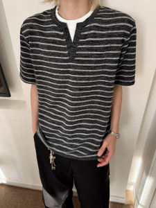 ZHUOCAN | Henley Collar Stripe Color Block Faux Layer T-Shirt Half Sleeve
