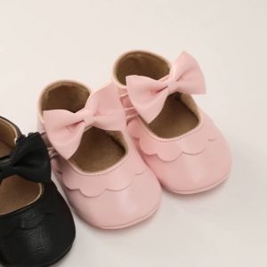 Solid Color Baby Girl Shoes: Princess Dress PU Rubber Bottom Non-slip Butterfly Knot Infant Crib First Walkers Toddler Shoes