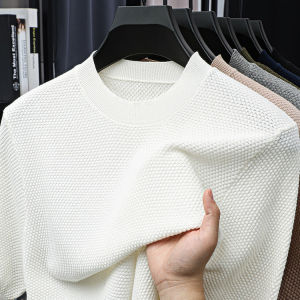 Pure Cotton Knitted Short Sleeve T-Shirt Mens Casual Loose round Neck High Quality Solid Color Breathable Pineapple Pattern Summer Top