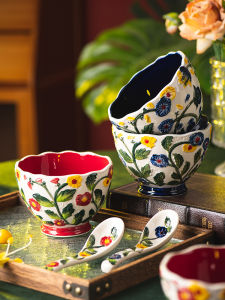 Hand-Painted Relief Ceramic Dining Utensils Rice Bowl Yogurt Bowl Soup Bowl Salad Bowl Dessert Bowl Creative Rural Style