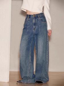 กางเกงยีนส์ทรงหลวมเอวสูง ทรงหลวม กางเกงขายาวทรงหลวมสไตล์ย้อนยุค ทรงเข้ารูป ดีไซน์พับ สไตล์ลำลอง สวมใส่สบาย