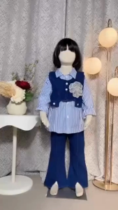 Setelan Vania Salur Rompi Jeans Lepas Anak Perempuan Usia 3 - 12 Tahun / Setelan Celana Jeans Cutbray Kombinasi Katun Salur Full Kancing - KAMARI KIDS STORE