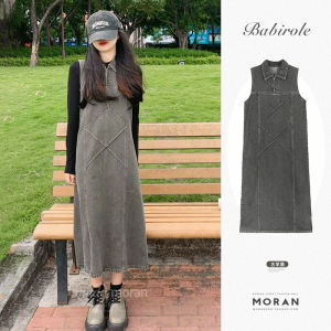 Vintage Denim Overalls Womens Autumn Winter High Waist Slimming Mid-Length Dress Korean Style Commute Long Sleeve Polo Collar