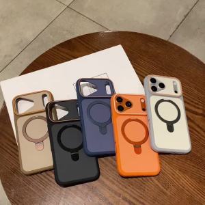 Luxury For Magsafe Magnetic Fold Metal Bracket Phone Case For iPhone 17 Air 16 15 14 Plus 13 12 Pro Max Matte Shockproof Cover