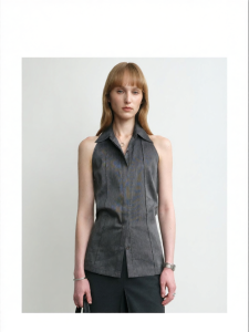 Sleeveless Waist-Cinching Notch Collar Shirt