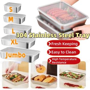 304 Stainless Steel Japanese Style Tray Food Storage Dispensers With Cover Food Keepers Household Fresh-Keeping Box Tray BBQ Food Trays Fridge Refrigerator Organizer Storage Box Snacks Fruit Baking Sheet Food Keeper
