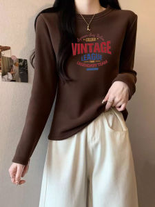 Double-Sided Velvet Long-Sleeve round Neck T-Shirt Womens Fashionable Short-Printed Warm Top Casual Style Polyester Fiber