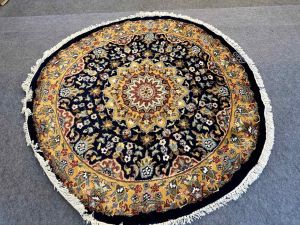 **"Elegant 5x5 ft Round Handmade Persian Silk & Wool Carpet on Cotton Base – Isfahan Design in Luxurious Blue Crafted in Pakistan with Long Soft Pile"**
