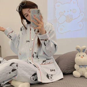 Áo Ngủ Cotton Mùa Thu Đông Cho Bà Bầu Áo Cho Con Bú Thoải Mái Quần Dài Eo Thun V-neck Áo Cho Con Bú Bên Hông Quần Áo Mặc Nhà