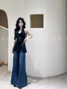 French Elegant Black Sleeveless V-Neck Knitted Top Women Summer Personality Shoulder Exposure Slit Versatile Waist-Cinching Mini Shirt