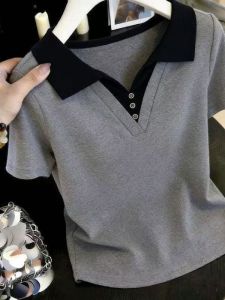 QIAOXIZI | Polo Collar Slimming Short Sleeve Tshirt Women