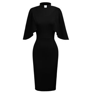 BLESSUME Catholic Church Pastor Women Ruffle Sleeve Pencil Dress Elegant Priest Clergy Dresses with Tab Insert Collar