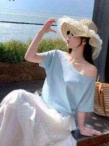 HUOLISI | Dopamine Sea Salt Blue Off-shoulder T-shirt